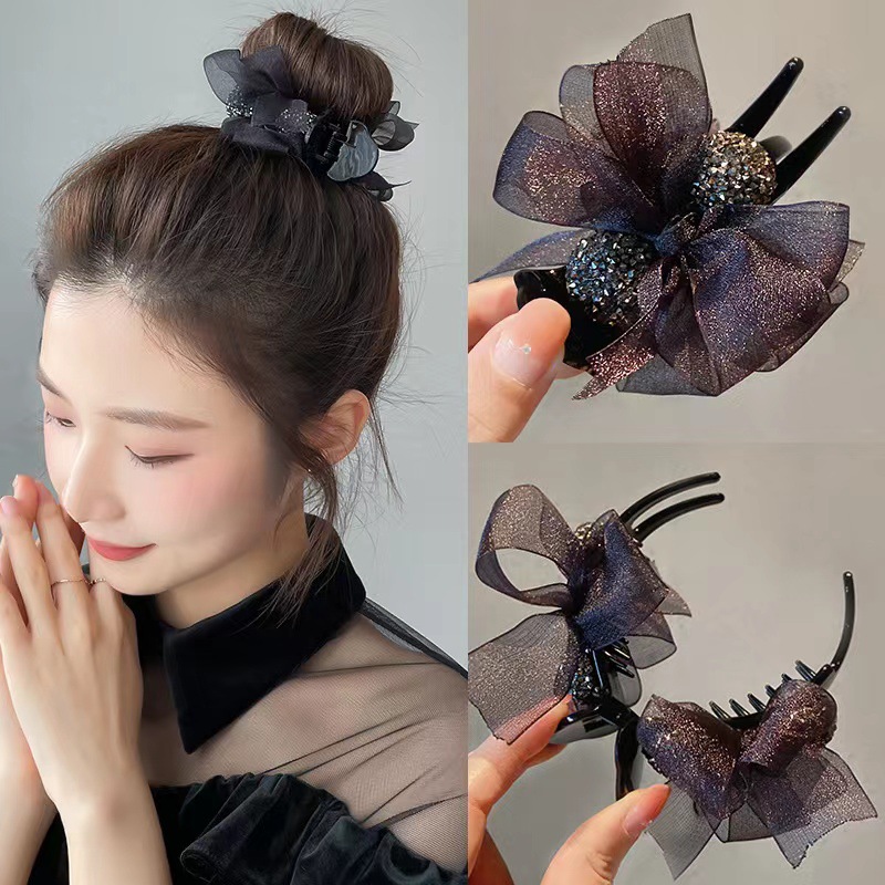 Black Mesh Bow Barrettes Bun Grip Updo Gadget Female Korean Clip Headdress Hairpin Hair Jaw Clip Grip