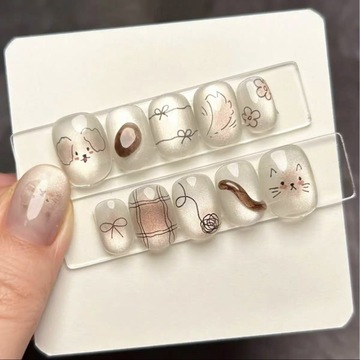 【追光猫】手工穿戴甲小狗小猫手绘ins风陶瓷白猫眼可爱美甲甲片