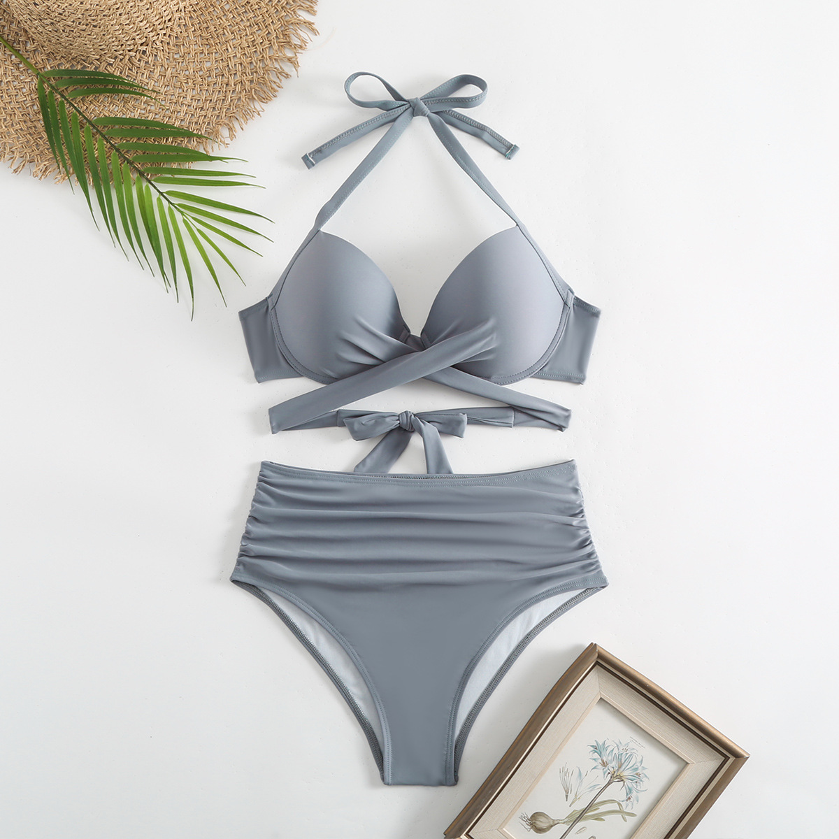 2024年热销款现货纯色泳装分体带胸垫钢托比基尼系带泳衣女-阿里巴巴
