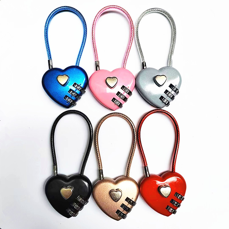 现货心形桃心密码锁 长钢丝绳密码挂锁 双心情侣爱情锁柜子头盔锁