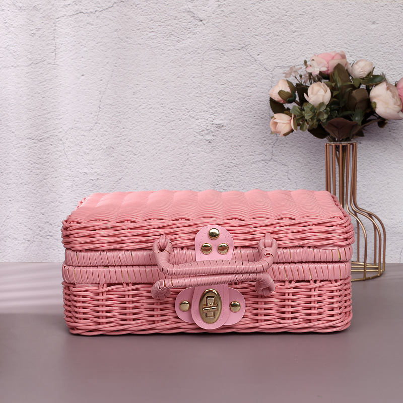 Cosmetic Finishing Rattan Boxes Vintage Props Rattan Suitcase Hand Gift Box Solid Pp Woven Rattan Storage Box