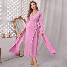 BA2506粉色时尚V领裹裙手缝玻璃钻飘袖长裙 中东现货