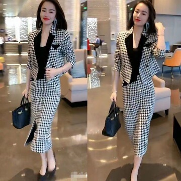格子外套包臀裙两件套女秋冬季新款网红气质千鸟格西服时尚套装潮
