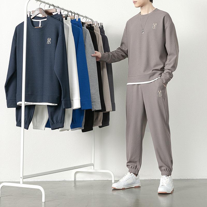 华夫格运动套装男士秋季潮牌宽松一套搭配帅气休闲卫衣春秋款衣服