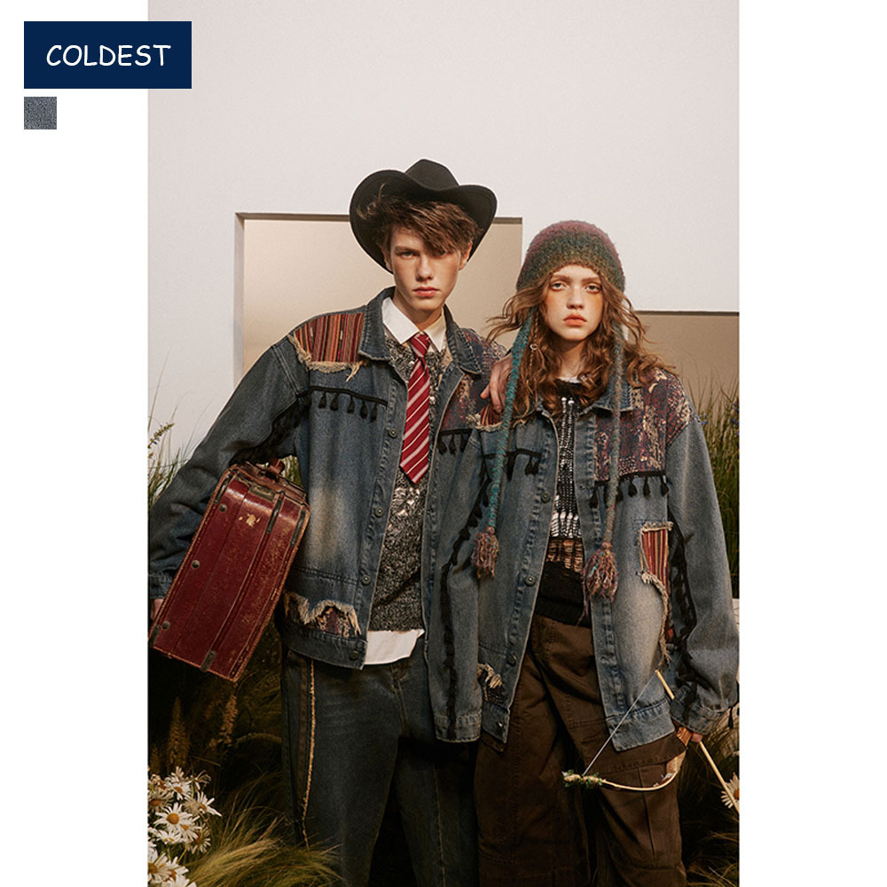 coldest男装|波西米亚风拼接复古水洗牛仔衣工装夹克男女春秋外套
