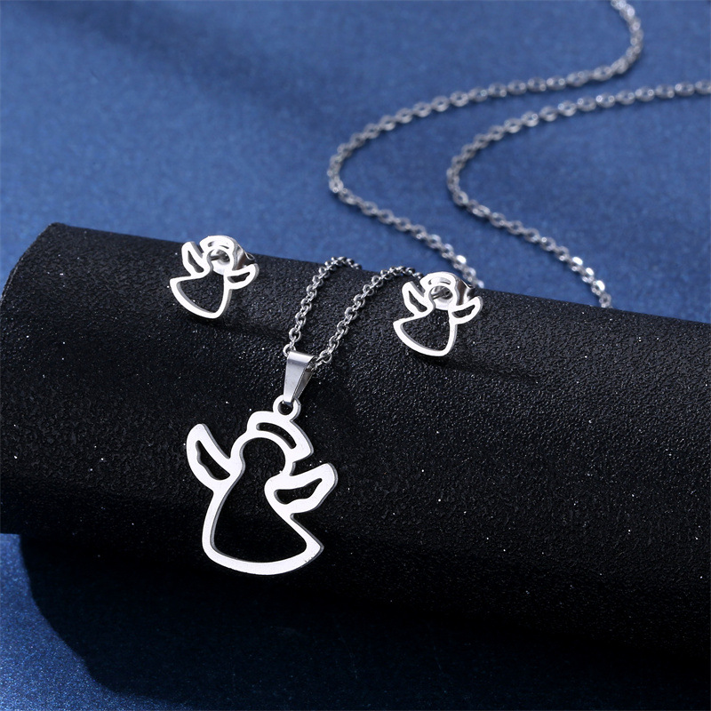 European and American New Angel Pendant Necklace Ear Stud Women's Suit Stainless Steel Glossy Laser Cutting Set Wholesale