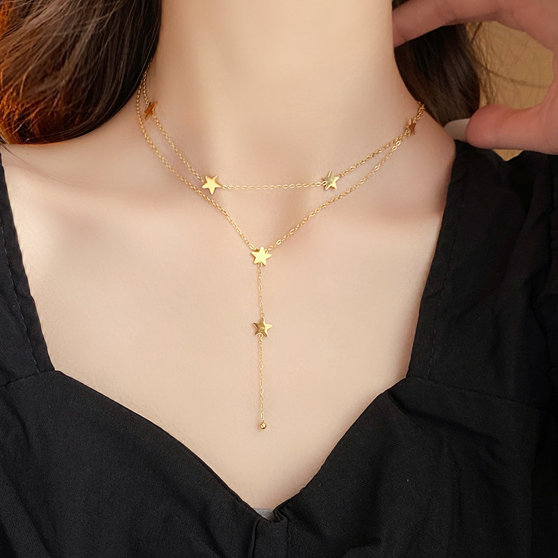 Real Gold Plating Blade Chain Love Star Letter Square Necklace Fashion Twin Clavicle Chain High Sense Necklace Women