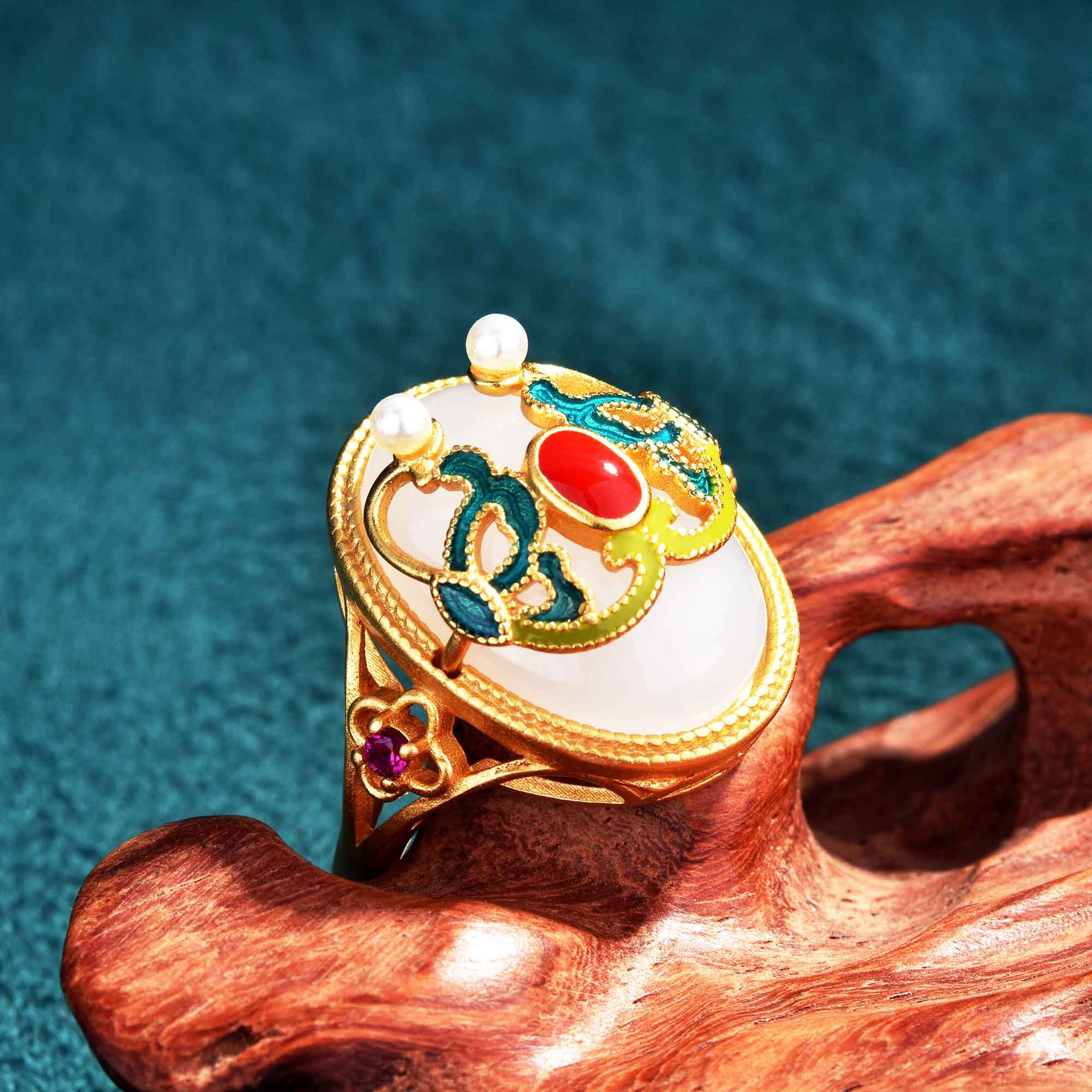 古法金镶和田玉戒指女烧蓝珐琅彩绘戒指开口女可调节复古戒指宫廷