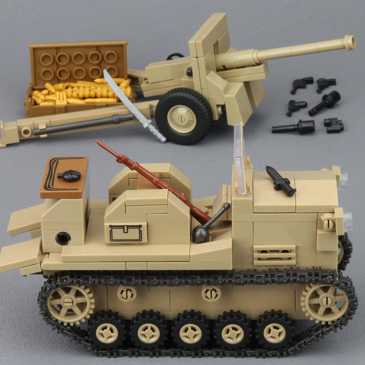 全冠积木100118二战军事人仔98式牵引车90野战炮兼容乐高积木拼装
