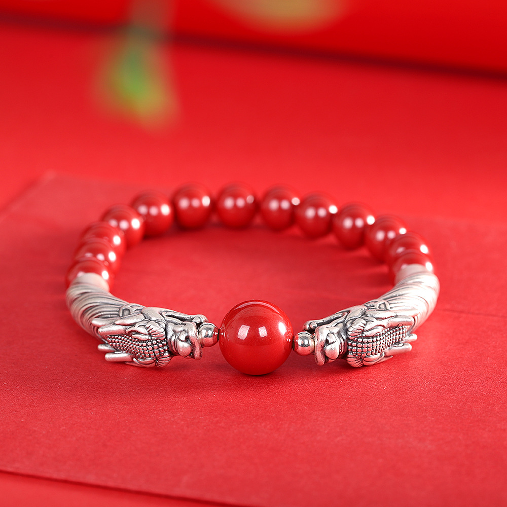 人品银品时尚国潮手饰足银999双龙戏珠帝王砂手串辰砂女士手环
