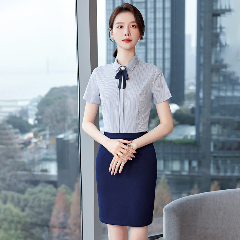 短袖蓝色条纹衬衫女ol通勤时尚酒店前台接待物业经理售楼部工作服