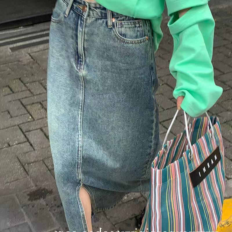 Denim Long Skirts High Waist Denim Skirt Women's Summer 2022 Spring and Autumn Design Open Mid-Length Vintage Sheath Skirt