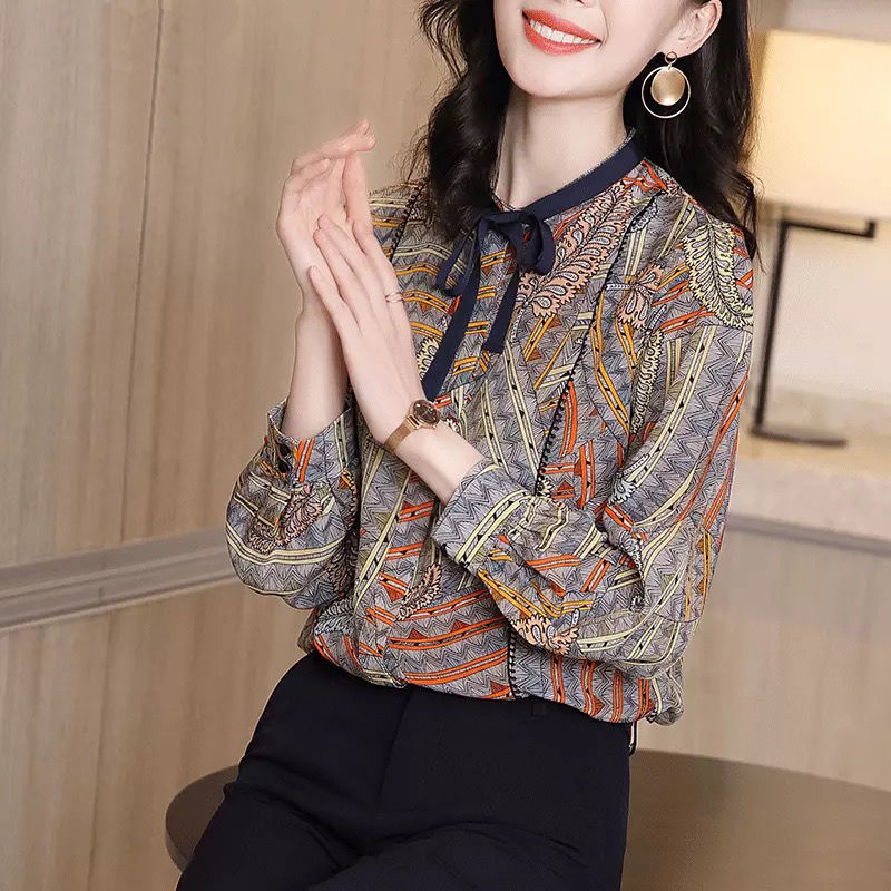 真丝衬衫女2021秋装新款女士花衬衣桑蚕丝宽松复古印花长袖上衣女