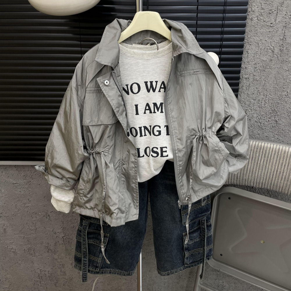 反光涂层银灰色防泼水风衣外套春夏2024春季新款中大童收腰防晒衣