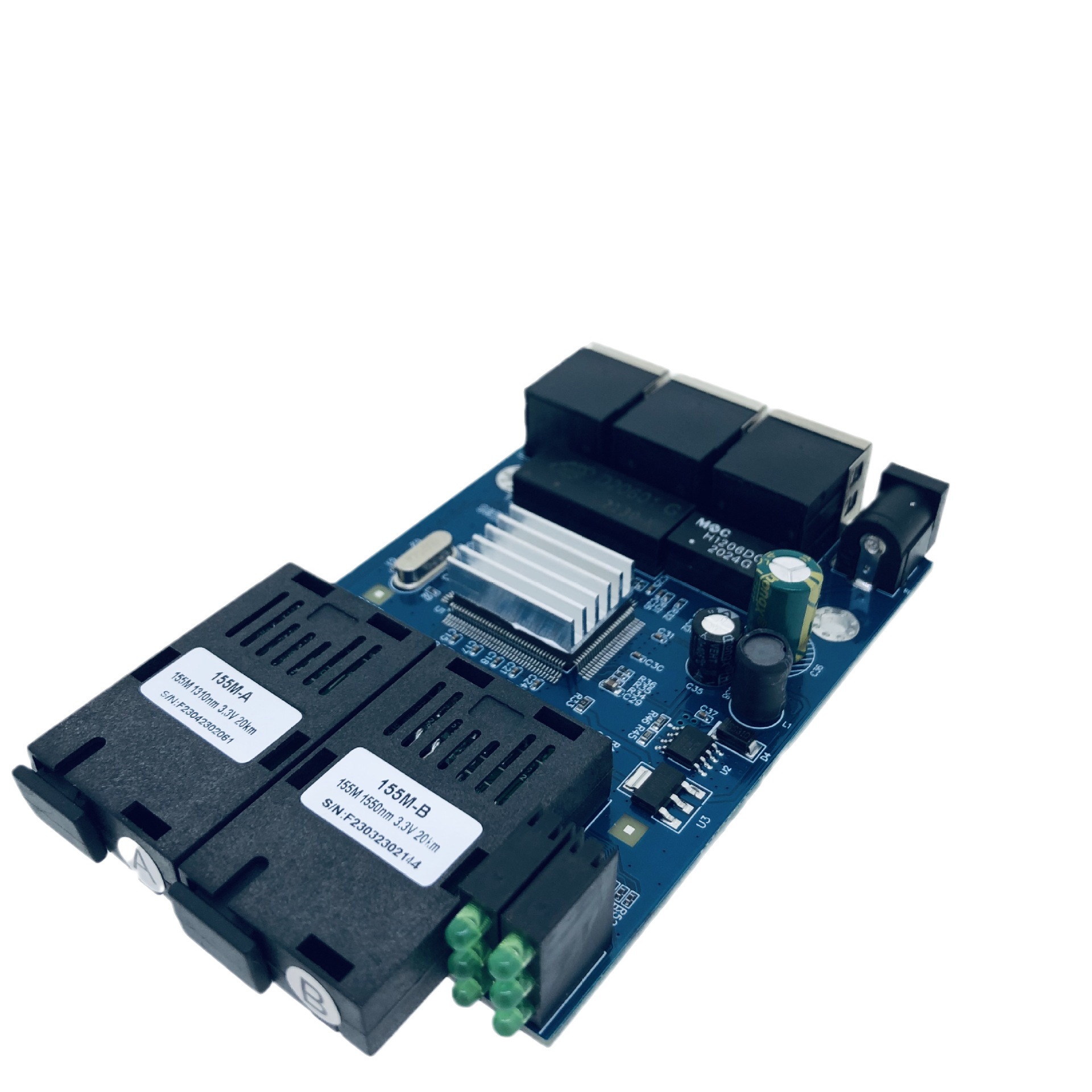 poe百兆光纤收发器三光两电单模单纤2光3电光纤转换器pcba板20km