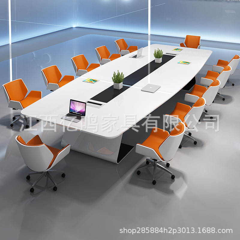 会议室会议桌现代简约时尚烤漆长条桌办公室大型白色洽谈桌椅组合