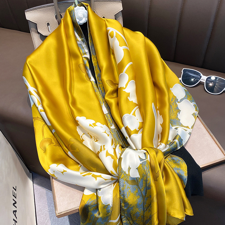 Women's Scarf Emulation Silk Scarf South Korea Oil Painting Printing Mid-Length Decorative Sun-Proof Shawl Beach Towel