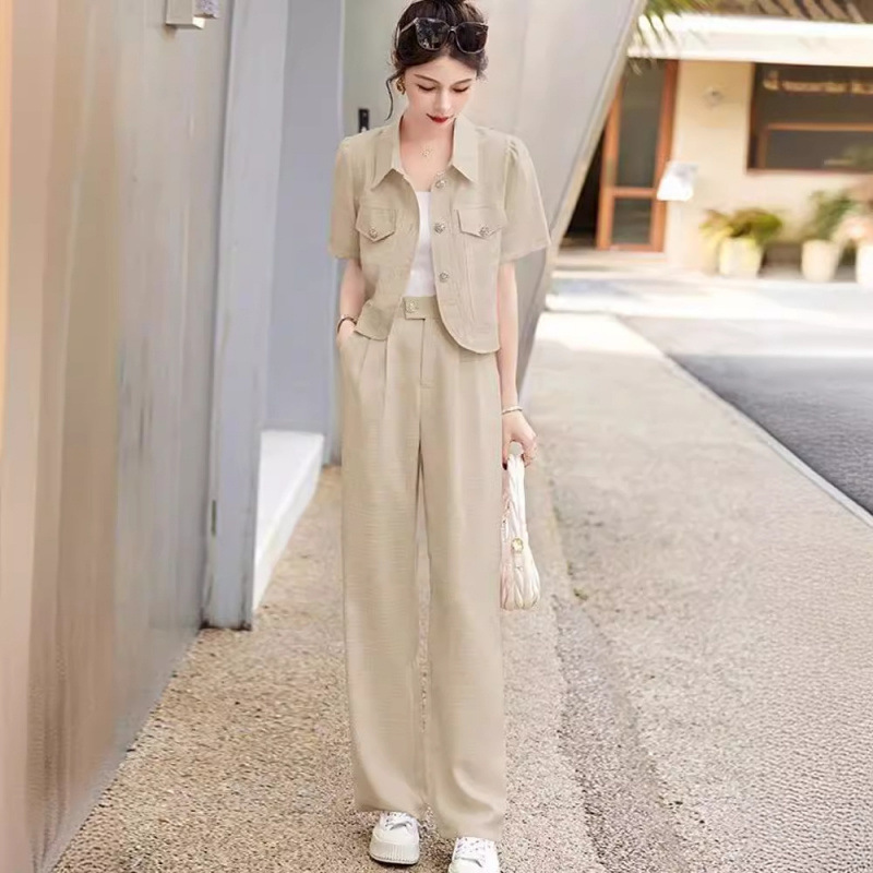 夏季套装女轻熟小香风御姐范小西装阔腿裤两件套宽松直筒裤套装