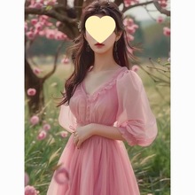 粉色雪纺连衣裙女2024夏季新款茶歇法式长裙高级感绝美泡泡袖裙希