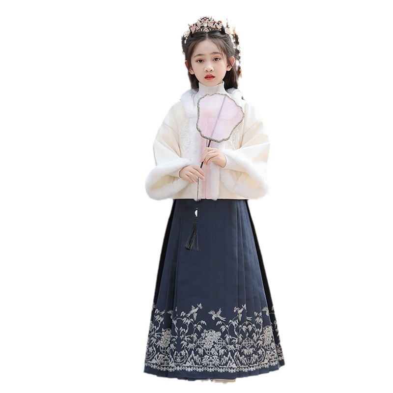 Girls' Horse-Face Skirt Suit 2023 Thickened New Year Clothes Navy Blue Tang Costume Han Costume Chinese Style Little Girl Ancient Costume Winter