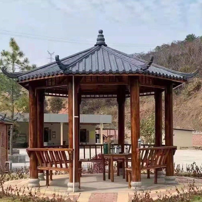 凉亭厂家直销别墅庭院木屋防腐木碳化木实木仿古六角亭子户外木亭