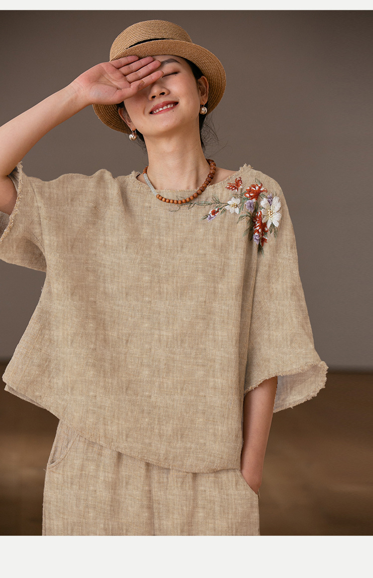 女装双色亚麻面料复古文艺 手工绣花套头衫220350 宽松阔腿裤0352