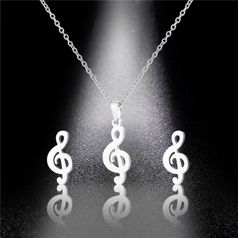 Cross-Border Creative Music Symbol Necklace and Earring Suit Foreign Trade Musical Note Pendant Titanium Steel Necklace Stainless Steel Accessories