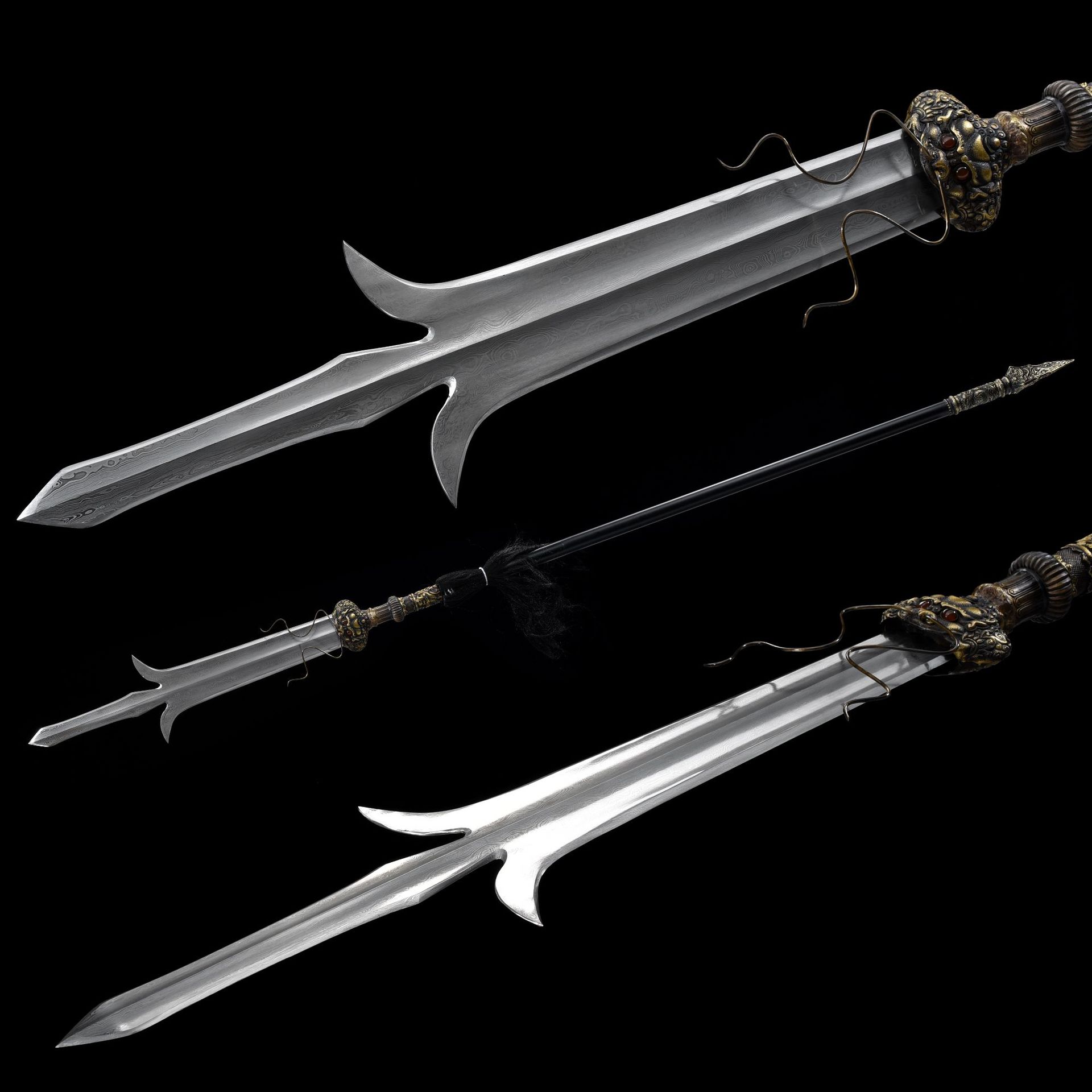 龙泉市刀剑花纹钢一体银尖宝戟可拆卸十八般兵器影视摆件未开刃