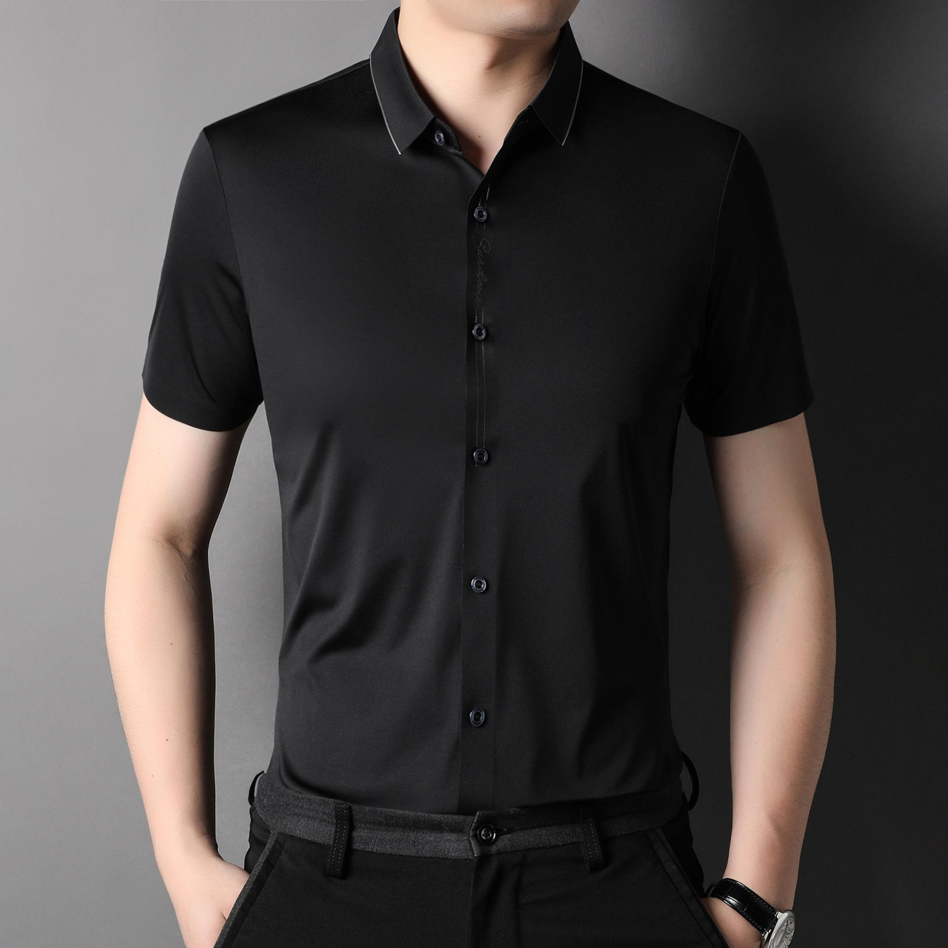 夏季新款桑蚕丝短袖男衬衫高档中青年休闲无痕免烫上衣潮