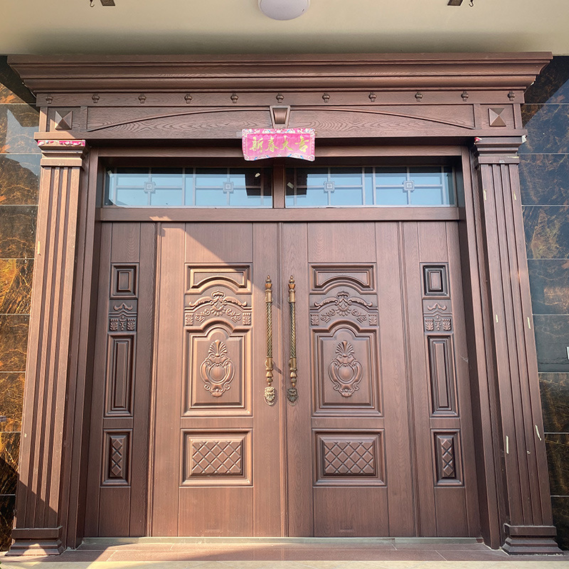 自建房进户门中式别墅院子烤铜门农村双开漆新家大门门锌合金