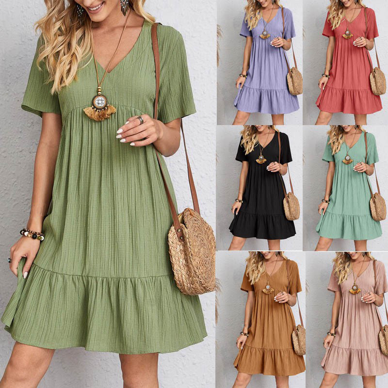 woman clothes 2023 Summer Cross-Border Foreign Trade European and American Women's Clothing Amazon Skirt Loose Casual Short Sleeve Waist Flowy Dress