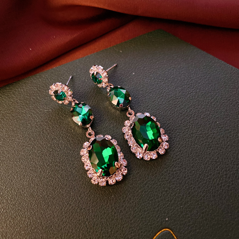 Silver Needle Emerald Rhinestone Zircon Water Drop Tassel Earrings Court Style Earrings French Entry Lux High-Grade Earrings for Women