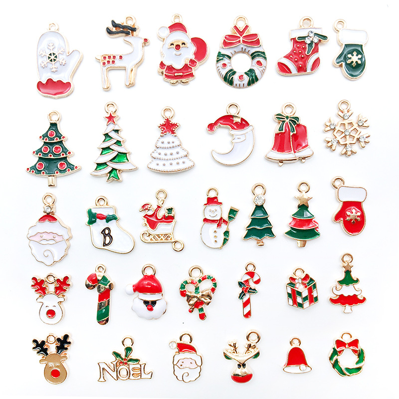 Mixed 100 Christmas Dripping Oil Alloy DIY Ornament Accessories Santa Snowman Bell Elk Bracelet Pendant