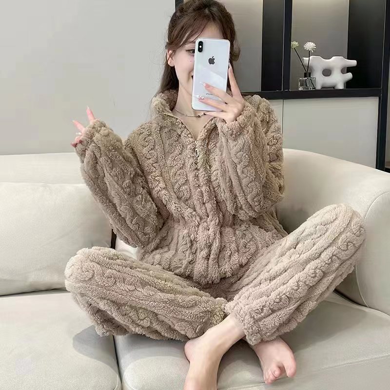 2023 Autumn and Winter New Flannel Warm Suit Women's Cardigan Zipper Fleece-lined Thickened Jacquard Homewear Pajamas Women