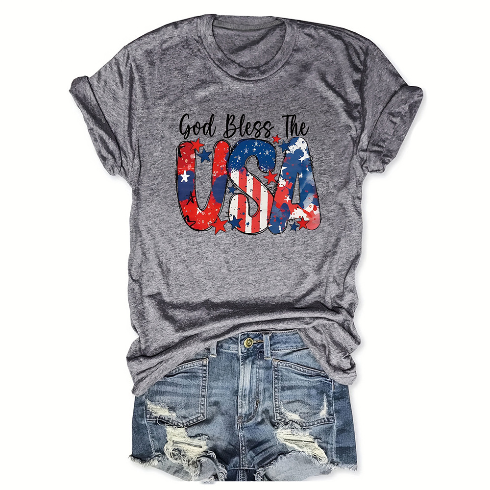 欧美跨境女装 亚马逊tiktok外贸新款usa国旗字母印花圆领短袖t恤