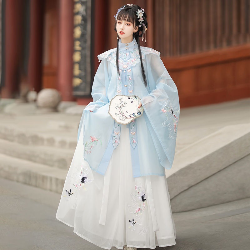 明制夏季薄款汉服成人仙鹤绣花齐腰飘逸仙女裙古风立领长衫大袖子