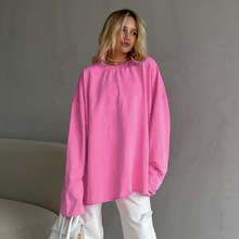 2024春季美式街头粉色圆领长袖T恤女设计感宽松纯棉套头上衣女装