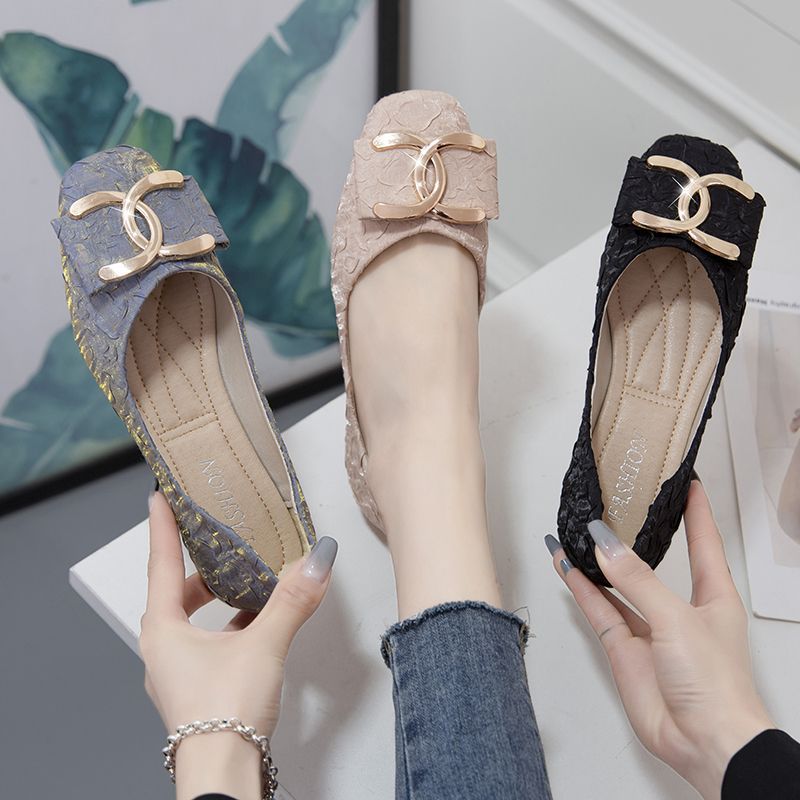 小香风单鞋女2025新款夏季女鞋方头浅口平底一脚蹬时尚百搭韩版