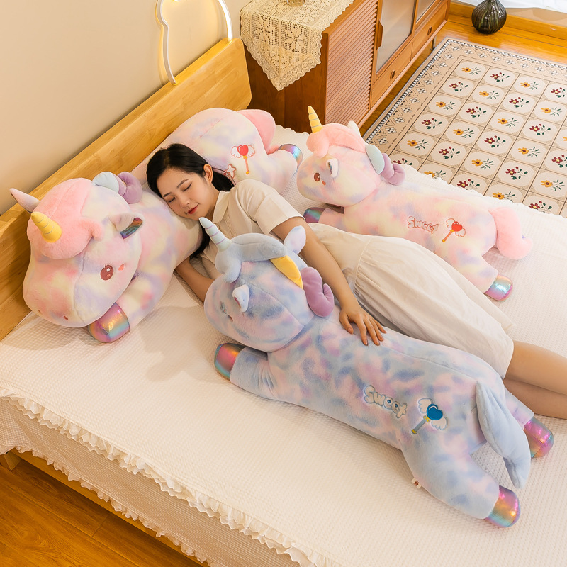 rainbow tie-dyed unicorn plush toy long pillow cartoon doll leg-supporting long pillow pillow doll side sleeping