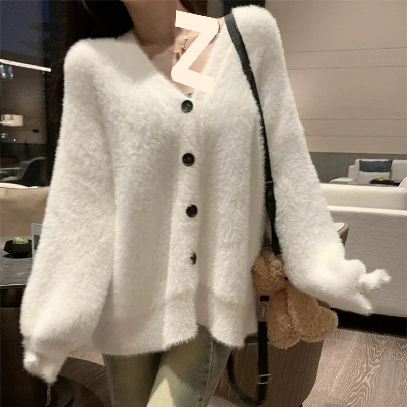韩系慵懒风仿水貂绒针织衫开衫毛衣外套女秋冬新款软乎乎百搭上衣
