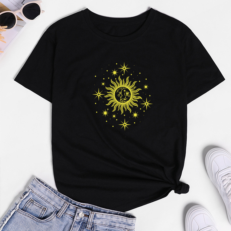 wish欧美跨境外贸女装sun moon太阳神元素风休闲宽松短袖t恤