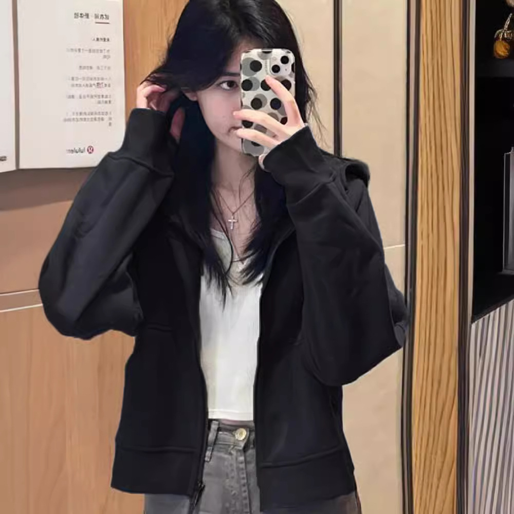 黑色外套女短款卫衣2024新款春秋款连帽上衣春季薄款chic早春开衫