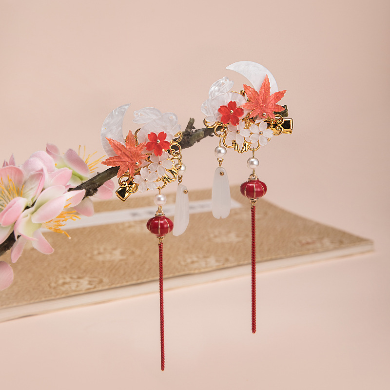 古风发夹可爱兔子灯笼流苏复古头饰秋冬红色汉服配饰35.