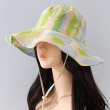 新款薄荷曼波彩色油画防晒帽女夏季绑带大檐渔夫帽防紫外线遮阳帽