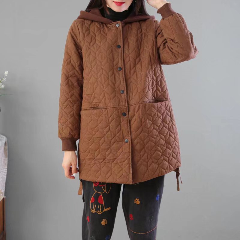 夹棉棉衣外套女中长款冬新款韩版夹棉宽松大码菱形格棉服-阿里巴巴