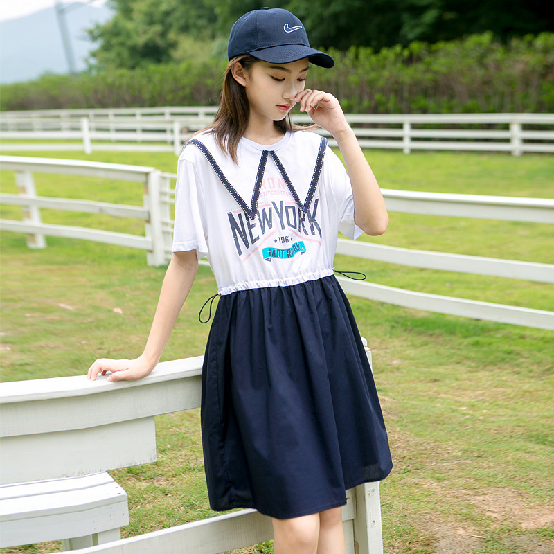 朴素少女中学生印花假两件海军领学院风收腰短袖连衣裙 1a2620075