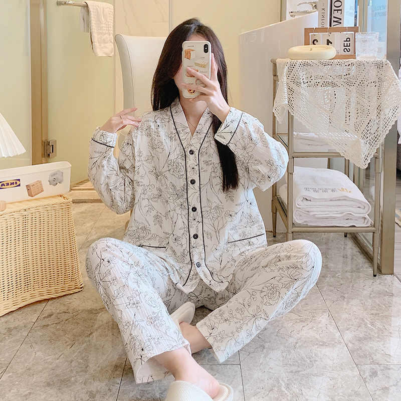 spring and autumn pure cotton gauze confinement clothing maternity adjustable postpartum nursing clothing long sleeve homewear suit plus size casual