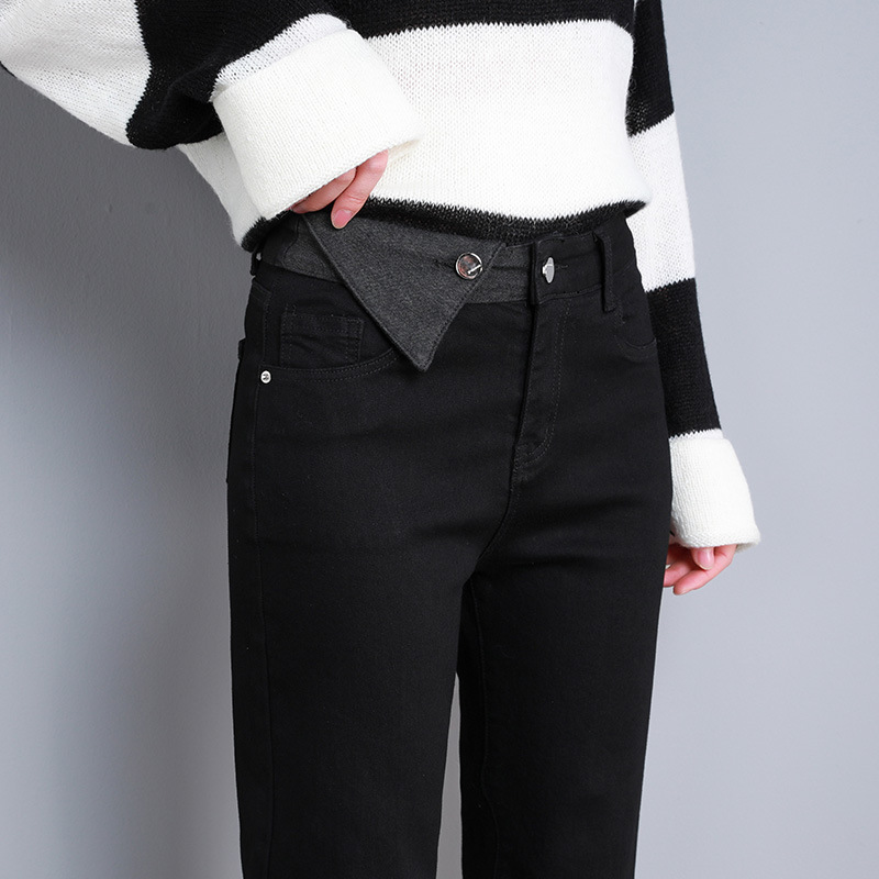   High Waist Straight Jeans Women's Winter 2022 Black Skinny Slimming Design Sense Cigarette Pants plus Velvet Thickened