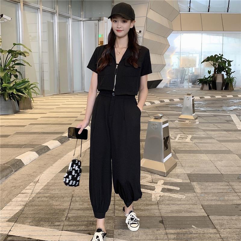 2021夏季新款高腰休闲阔腿工装裤女配时尚西装小外套显瘦时尚套装