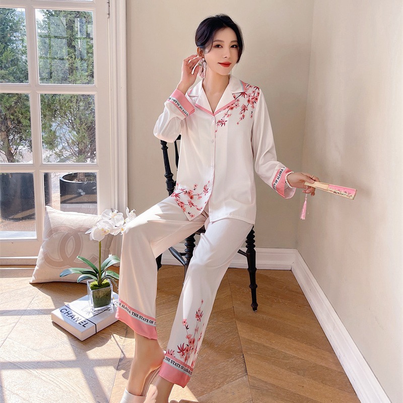 新款睡衣女冰丝绸时尚休闲高品质开衫家居服大码春秋两件套可外穿